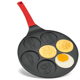 Egg Omelette Pan Silver Dollar Pancake Pan Nonstick Omelet 7-Cup Pancake Molds for Kids Animal Pancakes Maker with Silicone Spatula, Tongs, Oil Brush