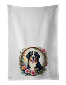 Bernese Mountain Dog and Flowers Kitchen Towel Set of 2 White Dish Towels Decorative Bathroom Hand towel for Hand, Face, Hair, Yoga, Tea, Dishcloth