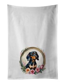 Dachshund and Flowers Kitchen Towel Set of 2 White Dish Towels Decorative Bathroom Hand towel for Hand, Face, Hair, Yoga, Tea, Dishcloth, 19 X 28"