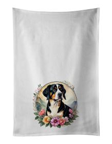 Entlebucher Mountain Dog and Flowers Kitchen Towel Set of 2 White Dish Towels Decorative Bathroom Hand towel for Hand, Face, Hair, Yoga, Tea