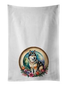 Alaskan Malamute and Flowers Kitchen Towel Set of 2 White Dish Towels Decorative Bathroom Hand towel for Hand, Face, Hair, Yoga, Tea, Dishcloth