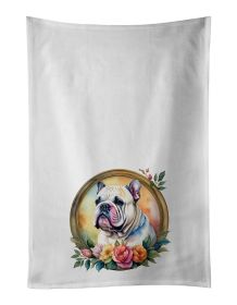 English Bulldog and Flowers Kitchen Towel Set of 2 White Dish Towels Decorative Bathroom Hand towel for Hand, Face, Hair, Yoga, Tea, Dishcloth