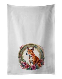 Basenji and Flowers Kitchen Towel Set of 2 White Dish Towels Decorative Bathroom Hand towel for Hand, Face, Hair, Yoga, Tea, Dishcloth, 19 X 28"