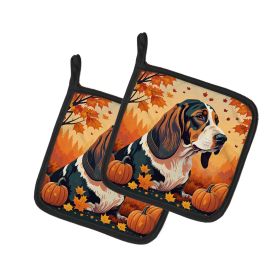 Basset Hound Fall Pair of Pot Holders Kitchen Heat Resistant Pot Holders Sets Oven Hot Pads for Cooking Baking BBQ, 7 1/2 x 7 1/2