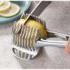 1pc Tomato Lemon Slicer Holder, Round Fruits Onion Shredder Cutter Guide Tongs With Handle, Stainless Steel Kitchen Cutting Potato Lime Food Stand